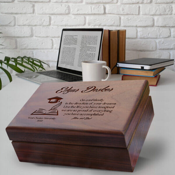 A beautifully engraved wooden box for a Masters Degree graduation.