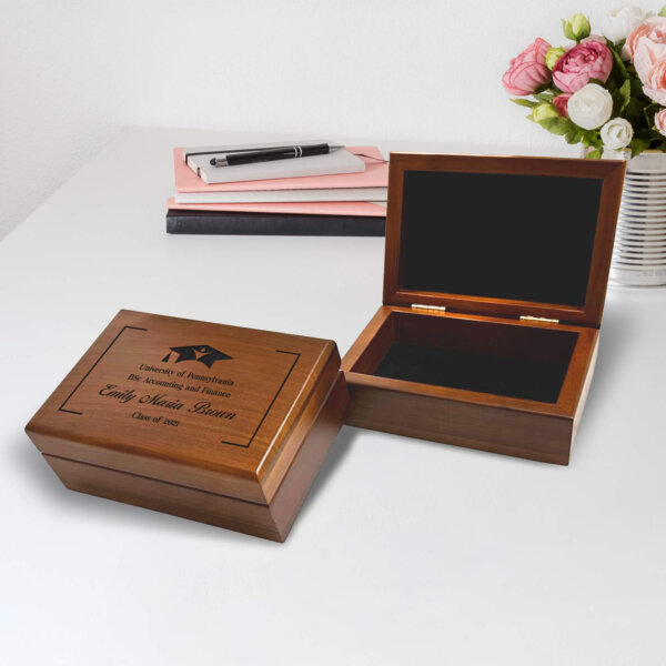 Wooden box with custom engraving, ideal gift for a new graduate's special occasion.