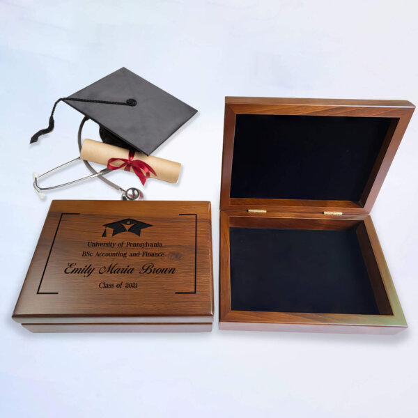 College Grad Wooden Box: A wooden box with a graduation cap and diploma inside, symbolizing the achievement of a college graduate.