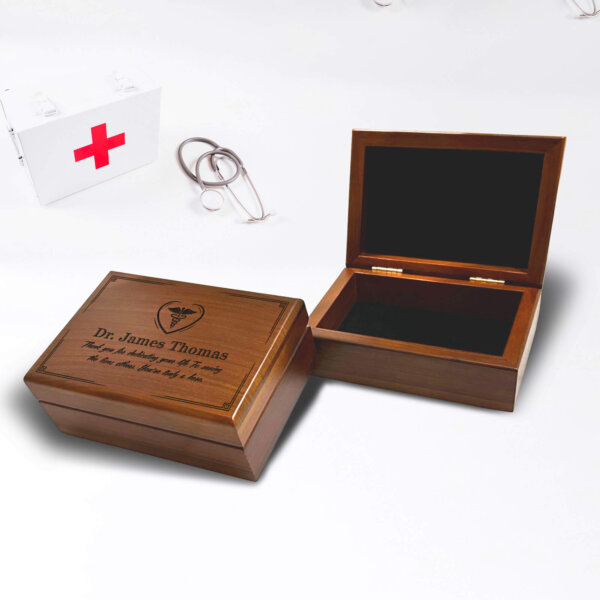 Assorted unique gift ideas for doctors presented in a beautifully crafted wooden box, perfect for celebrating and acknowledging the dedication of physicians