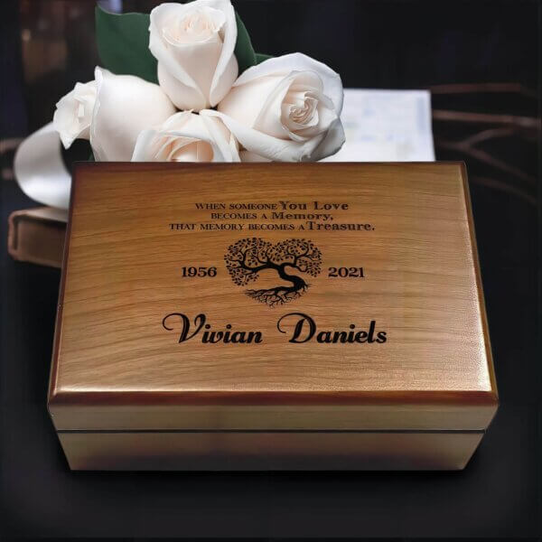 A wooden capsule box inscribed with In Loving Memory is designed to hold cherished mementos and memories of loved ones.