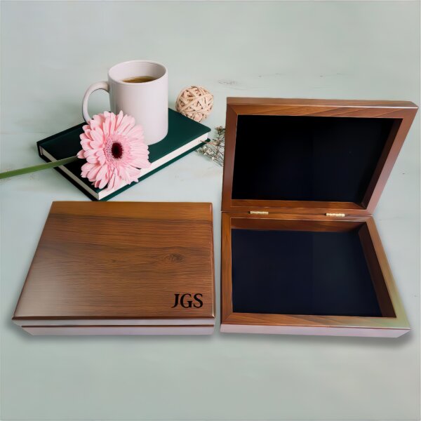 Customized wood box, great for organizing and displaying cherished items.