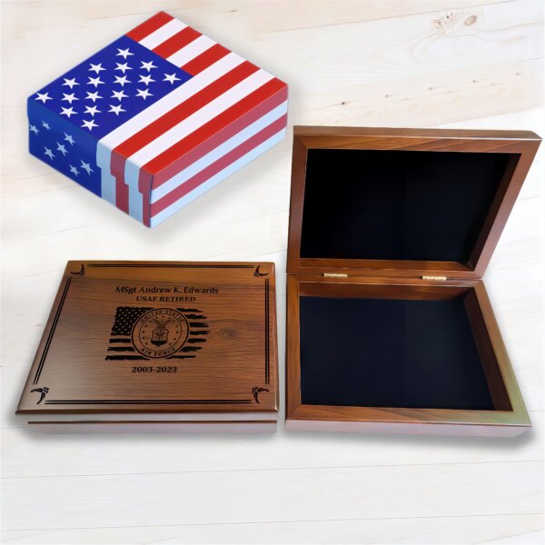 Engraved US Air Force Walnut Keepsake Box: A beautifully crafted wooden box with intricate engravings, honoring the US Air Force.